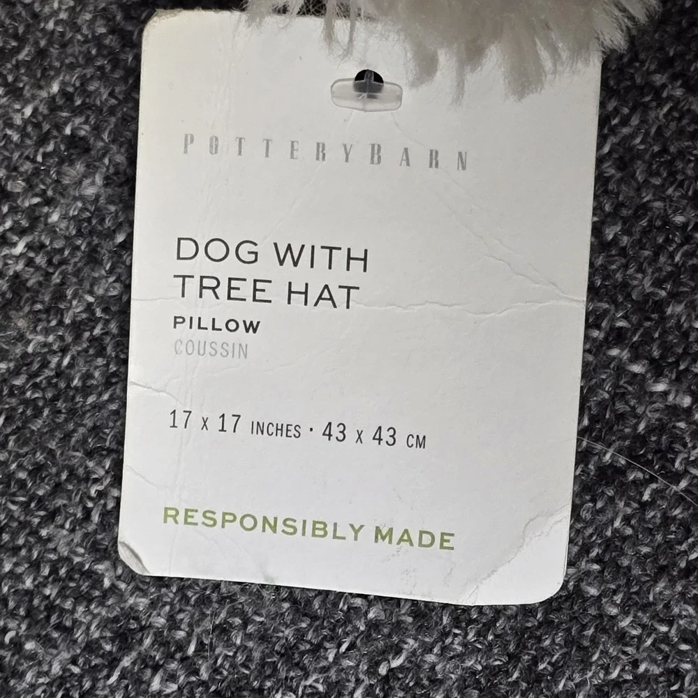 New Pottery Barn Dog with Christmas Tree Hat Pillow Sherpa Plush Read